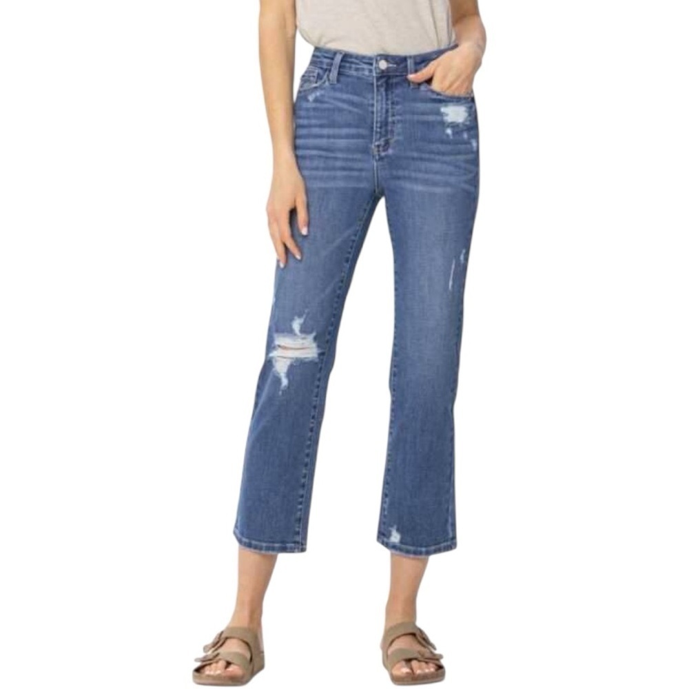 Judy Blue Straight Fit Medium Wash Distressed Jeans Womens Size 28